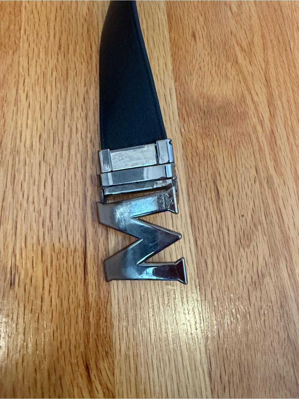 MCM Black Leather Belt with Silver 'M' Buckle